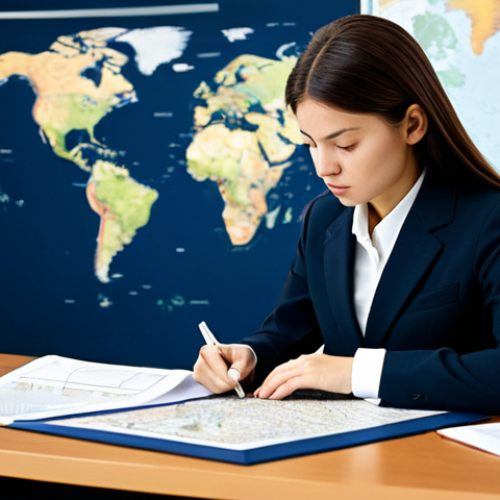 Home 4 A focused professional businesswoman in a modest, tailored dark business suit, intently examining a complex international trade document at a spacious desk. The office background features a soft-focus world map, a miniature globe, and shelves filled with neatly organized files, suggesting global business operations. The atmosphere is calm and professional, highlighting the challenge of solving a global puzzle. Professional photography, high detail, realistic, fully clothed, appropriate attire, safe for work, perfect anatomy, correct proportions, natural pose, well-formed hands, proper finger count, natural body proportions, appropriate content, family-friendly.
