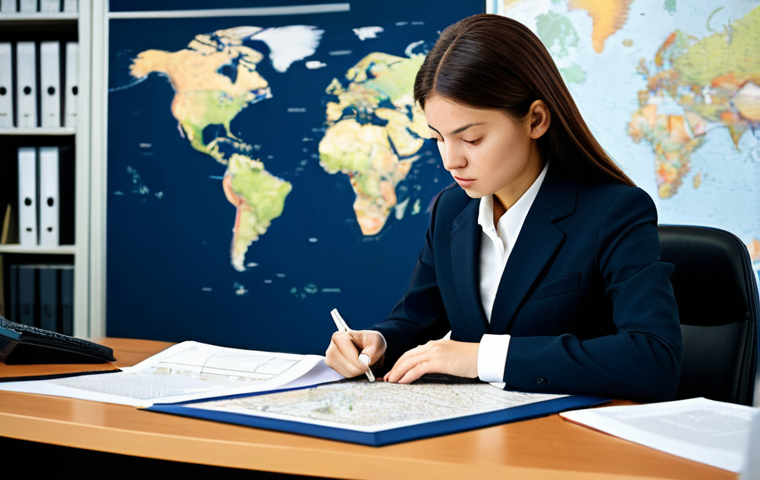 A focused professional businesswoman in a modest, tailored dark business suit, intently examining a complex international trade document at a spacious desk. The office background features a soft-focus world map, a miniature globe, and shelves filled with neatly organized files, suggesting global business operations. The atmosphere is calm and professional, highlighting the challenge of solving a global puzzle. Professional photography, high detail, realistic, fully clothed, appropriate attire, safe for work, perfect anatomy, correct proportions, natural pose, well-formed hands, proper finger count, natural body proportions, appropriate content, family-friendly.