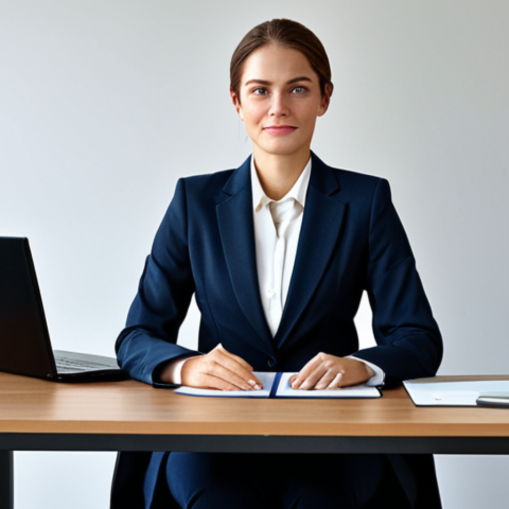 **
"A professional businesswoman in a modest business suit, sitting at a desk in a modern office, fully clothed, appropriate attire, safe for work, perfect anatomy, natural proportions, professional photography, high quality."
**