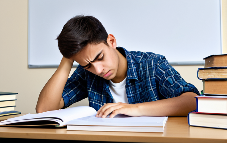 관세사 시험 불합격 원인 - **Prompt:** A student looking stressed and overwhelmed by books, papers, and study materials, sittin...