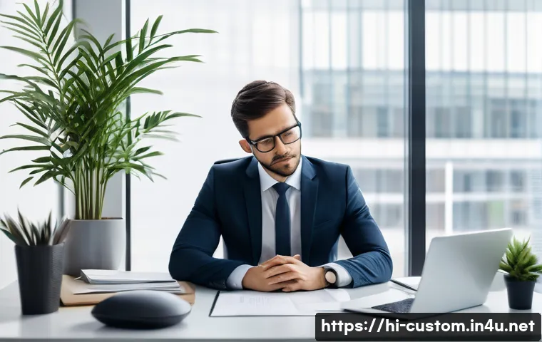 관세사로서의 스트레스 관리 - A focused and serene professional (customs broker) in a modern office environment, taking a mindful ...
