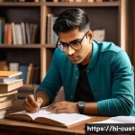 Home 20 관세사 시험 난이도 분석 - A focused young Indian man studying customs exam materials at a wooden desk, surrounded by open book...