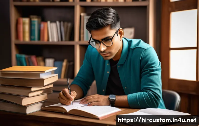 관세사 시험 난이도 분석 - A focused young Indian man studying customs exam materials at a wooden desk, surrounded by open book...