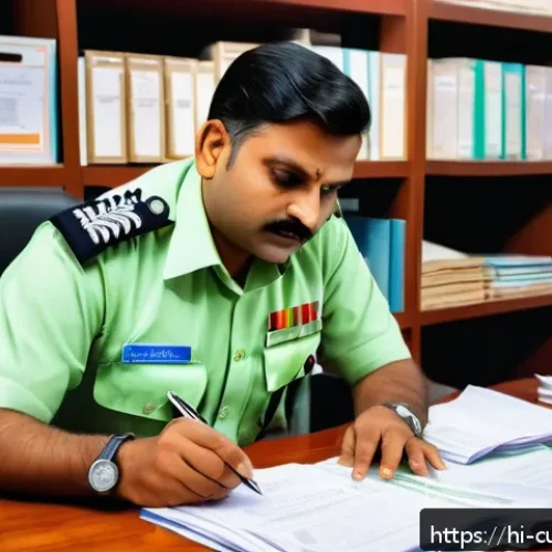 Home 17 관세사 실기 시험 준비법 - A focused Indian customs officer in professional uniform, sitting at a tidy wooden desk covered with...