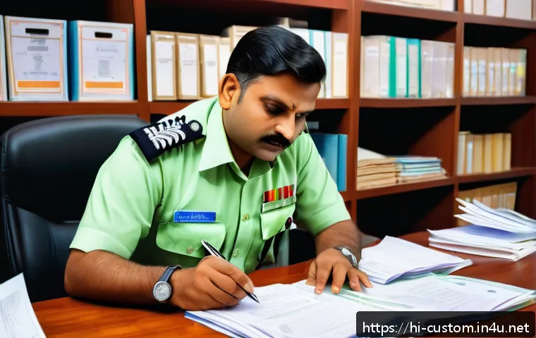 관세사 실기 시험 준비법 - A focused Indian customs officer in professional uniform, sitting at a tidy wooden desk covered with...